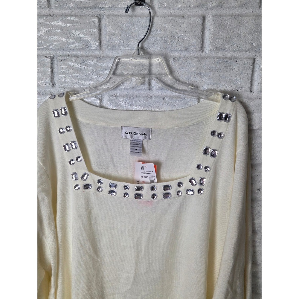 Women's 5X C.D. Daniels lightweight sweater Cream rhinestone gems 3/4 sleeve NWT - Picture 2 of 8
